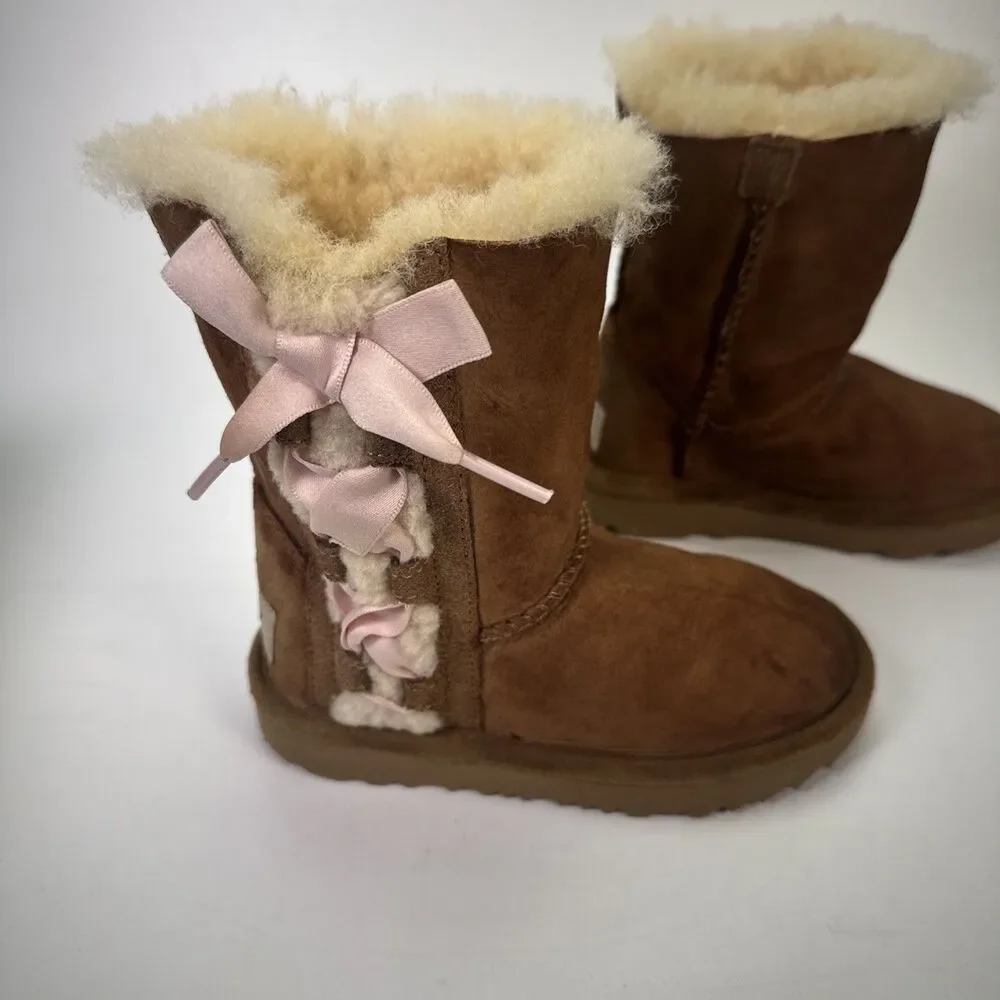 Ugg Boots Girls 9 Pala Toddler Chestnut Brown Lace-up Bow Pull On 1017737T w Box